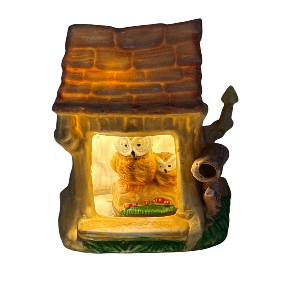 Vintage Owl Tree Stump Light Up Ceramic House Woodland Night Light Decor